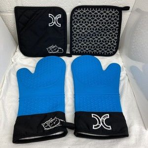 4pcs Blue Cotton Long Silicone Oven Mitts & Potholders Set With Embroidered Cats